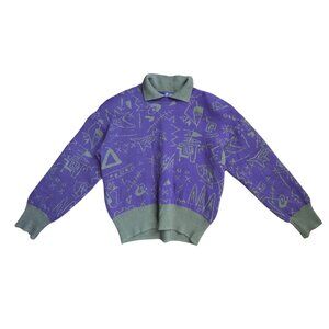 Vintage Olive Green and Purple Wool Doodle Knit Collard Sweater